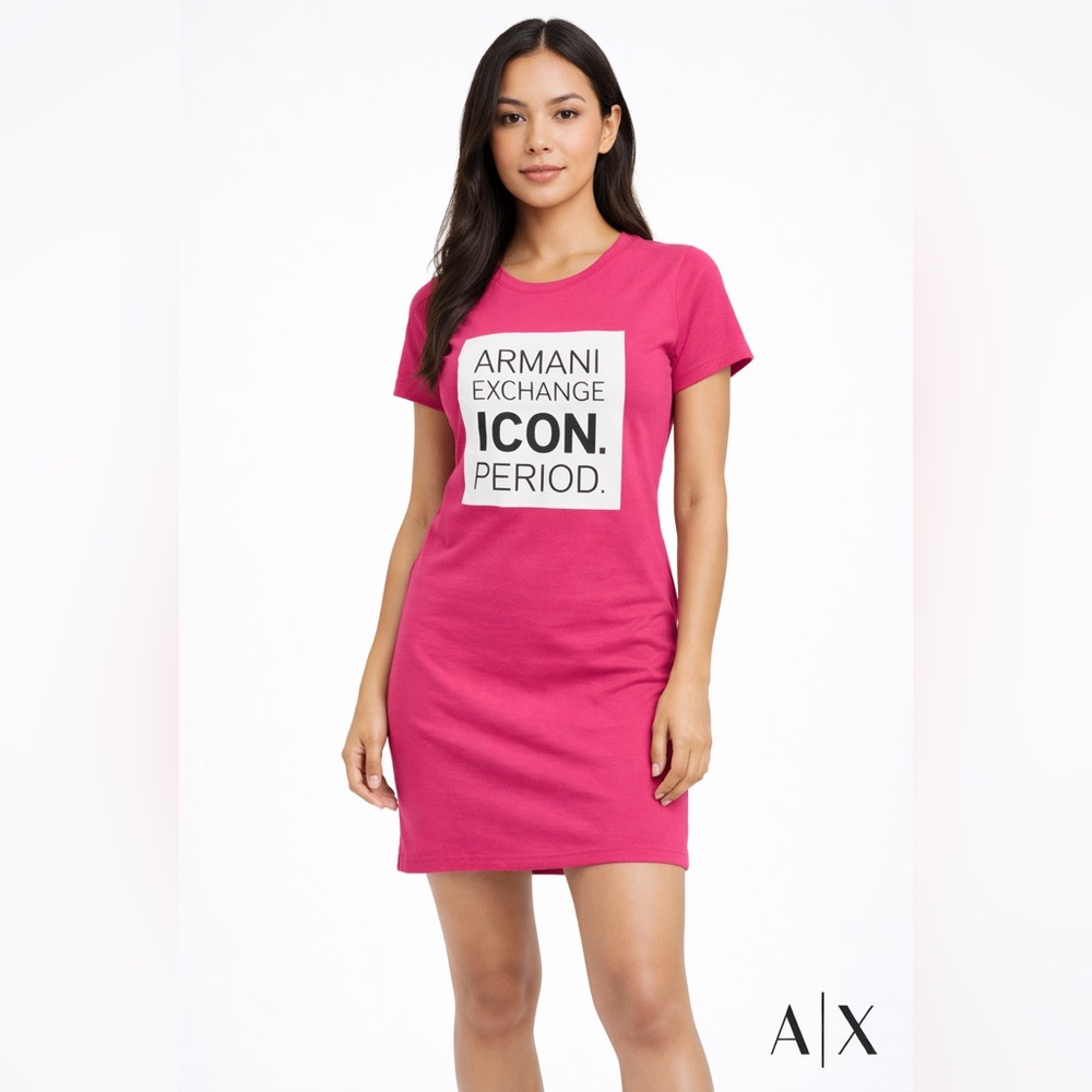 Armani Exchange Icon Period Graphic T-Shirt Dress Hot Pink XS Logo Tee Mini